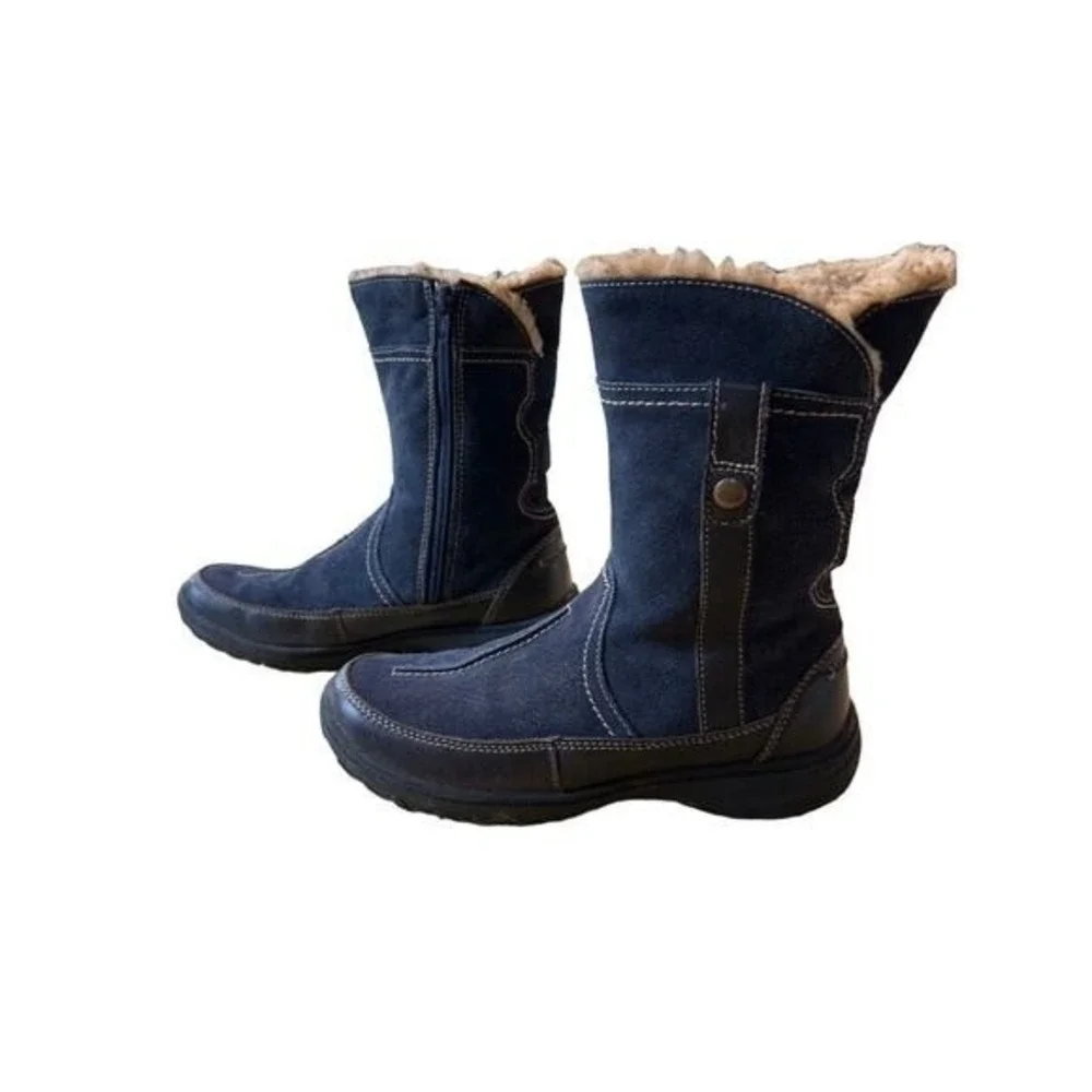 Navy Blue Suede Mid-Calf Winter Boots Faux Fur Lined Zipper‎ Detail Womens